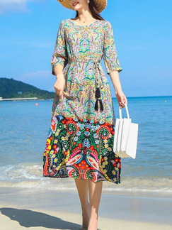 Colorful Loose Printed Band Midi Plus Size Dress for Casual Party Beach