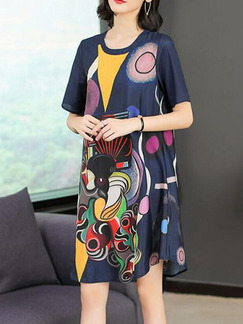 Colorful Loose Printed Above Knee Plus Size Shift Dress for Casual Party