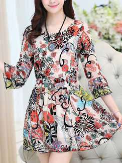 Colorful Slim Printed Ruffle Above Knee Floral Fit & Flare Plus Size Dress for Casual Party