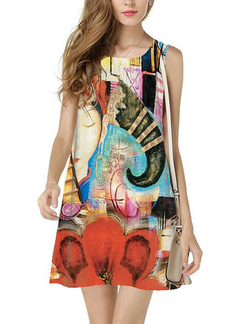Colorful Loose Printed Above Knee Shift Dress for Casual Party