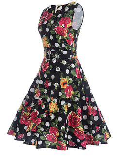Colorful Slim Printed Wave Point Knee Length Floral Fit & Flare Dress for Casual Party