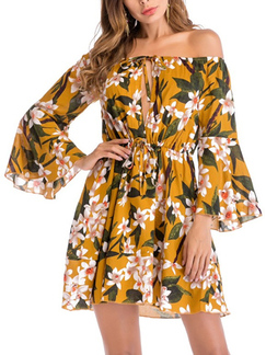 Yellow Colorful Slim Printed Band Above Knee Off Shoulders Long Sleeve Floral Dress for Casual Party Beach