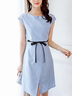 Sky Blue Slim Plus Size Band Furcal Above Knee Plus Size Dress for Casual Party Office Evening