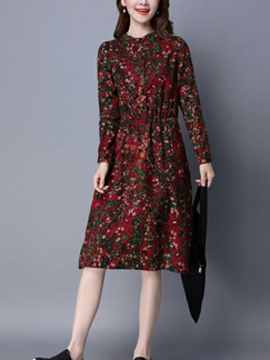 Colorful Slim Printed Plus Size Adjustable Waist Long Sleeve Knee Length Dress for Casual Party
