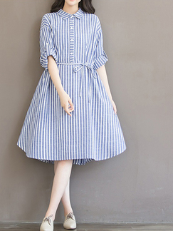 Blue and White Loose Plus Size Full Skirt Stripe Band Knee Length Plus Size Shift Dress for Casual Party