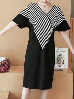 Black and White Loose Plus Size V Neck Linking Stripe Knee Length Plus Size Dress for Casual Party Office