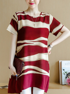 Red and Beige Loose Plus Size Round Neck Linking Printed Shift Above Knee Plus Size Dress for Casual Party Office