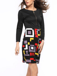 Black and Colorful Slim Plus Size Printed Linking Geometric Pattern Sheath Above Knee Long Sleeve Dress for Casual Office Evening Party