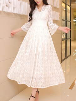 White Slim Plus Size Full Skirt Lace V Neck Dress for Party Evening Bridesmaid Prom