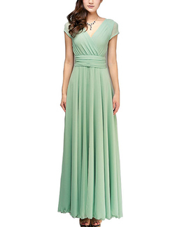 Green Slim V Neck Chiffon Full Skirt Dress for Party Evening Bridesmaid Prom