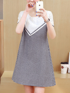 Black and White Loose Plus Size Round Neck Grid Linking Shift Above Knee Dress for Casual Party
