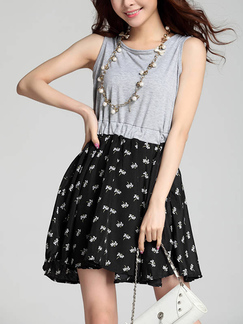 Black and Gray Slim Adjustable Waist Printed Fit & Flare Above Knee Dress for Casual Party