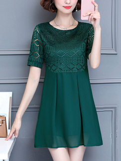 Green Loose Plus Size Round Neck Lace Linking Above Knee Shift Dress for Casual Party Office