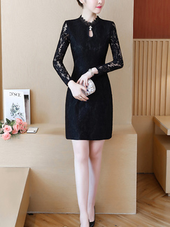 Black Slim Plus Size Lace A-Line Sheath Long Sleeve Above Knee  Dress for Party Evening