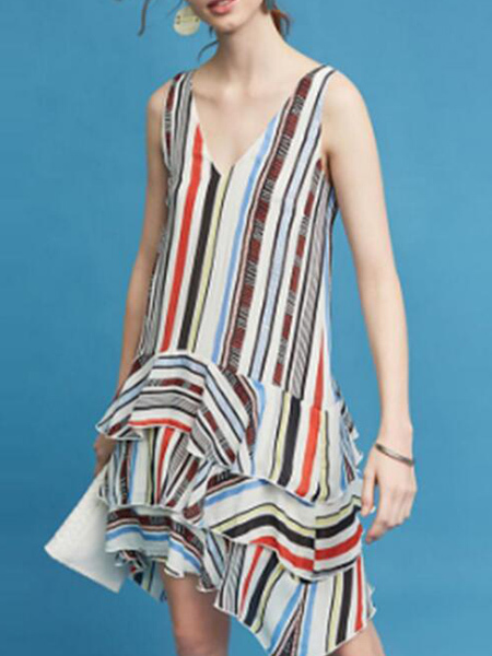 Colorful Loose V Neck Stripe Pleated Linking Asymmetrical Hem Knee Length Dress for Casual