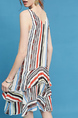 Colorful Loose V Neck Stripe Pleated Linking Asymmetrical Hem Knee Length Dress for Casual
