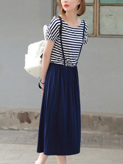 Blue and White Loose Full Skirt Seem-Two Round Neck Stripe Linking Midi Dress for Casual