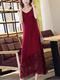 Red Slim Round Neck Lace Linking Midi Shift Dress for Casual Party
