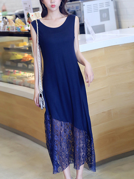 Blue Slim Round Neck Lace Linking Midi Shift Dress for Casual Party