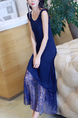 Blue Slim Round Neck Lace Linking Midi Shift Dress for Casual Party