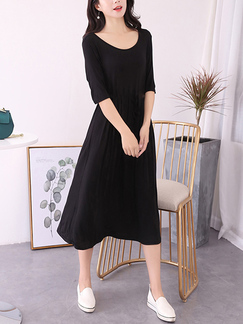 Black Loose Round Neck Full Skirt Fit & Flare Midi Dress for Casual Party
