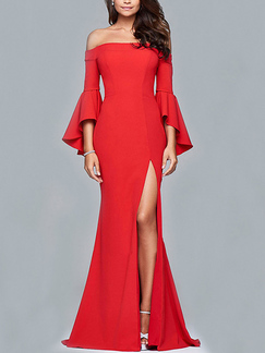 Red Slim Full Skirt Boat Neck Furcal Flare Sleeve Off Shoulders Dress for Party Evening Cocktail Prom