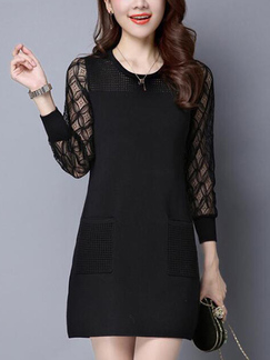 Black Slim Plus Size A-Line Lace Linking Above Knee Shift Long Sleeve Dress for Casual Party Evening