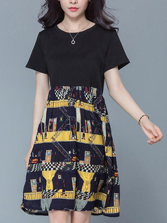 Black and Colorful Slim Plus Size Round Neck Chiffon Linking Printed Above Knee Fit & Flare Dress for Casual Party