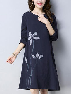 Blue Loose Plus Size V Neck Printed Shift Knee Length Long Sleeve Dress for Casual