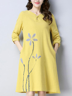 Yellow Loose Plus Size V Neck Printed Shift Knee Length Long Sleeve Dress for Casual
