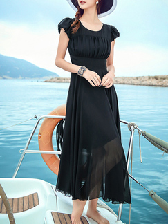 Black Slim Plus Size Round Neck Chiffon Bubble Sleeve Maxi Dress for Casual Beach