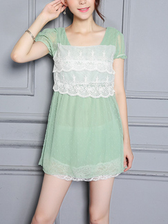 Green and White Slim Chiffon Linking Lace Adjustable Waist Above Knee Dress for Casual Party