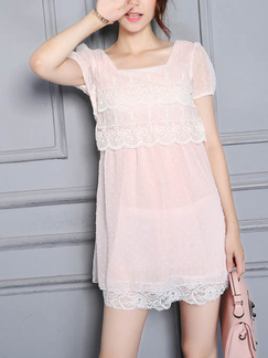 Pink and White Slim Chiffon Linking Lace Adjustable Waist Above Knee Dress for Casual Party