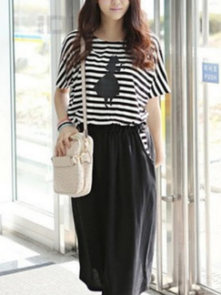 Black and White Loose Plus Size Round Neck Stripe Linking Adjustable Waist Printed Knee Length Dress for Casual
