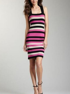 Colorful Slim Round Neck Sling Stripe Over-Hip Printed Above Knee Bodycon Dress for Casual Party