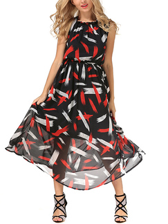 Black and Colorful Slim Full Skirt Round Neck Chiffon Adjustable Waist Printed Dress for Casual Party