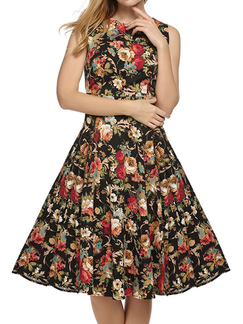 Colorful Slim A-Line Plus Size Round Neck Band Printed Fit & Flare Above Knee Floral Dress for Casual Party