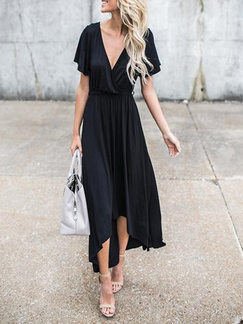 Black Slim Full Skirt V Neck Asymmetrical Hem Band Adjustable Waist Maxi Dress for Casual Party Beach