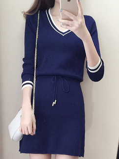 Blue Slim Plus Size V Neck Furcal Band Above Knee Long Sleeve Dress for Casual Party