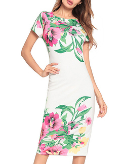White and Colorful Slim Plus Size Round Neck Over-Hip Printed Bodycon Floral Midi Dress for Casual Party Evening