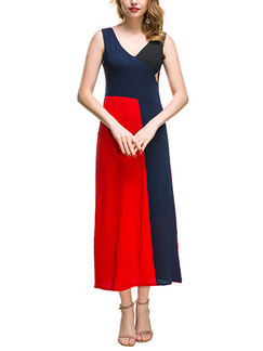 Blue and Black and Red Slim A-Line V Neck Linking Midi Dress for Casual Party Evening