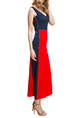 Blue and Black and Red Slim A-Line V Neck Linking Midi Dress for Casual Party Evening