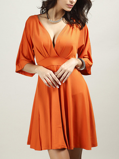 Orange Slim Full Skirt V Neck Open Back Linking Above Knee Fit & Flare Dress for Party Evening Cocktail Semi Formal
