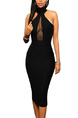 Black Slim Off-Shoulder Over-Hip Hang Neck Linking Bodycon Midi Dress for Party Evening Cocktail