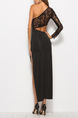 Black Slim Plus Size One Shoulder Lace Over-Hip Linking Furcal See-Through Maxi Long Sleeve Dress for Party Evening Cocktail