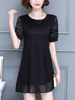 Black Loose Plus Size Round Neck Lace Linking Above Knee Shift Dress for Casual Party Evening