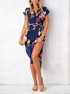 Blue Colorful Slim Plus Size V Neck Linking Band Printed Floral Midi Dress for Casual Party Beach