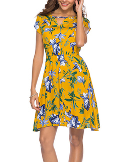 Yellow Colorful Slim A-Line Plus Size V Neck Linking Adjustable Waist Printed Fit & Flare Floral Above Knee Dress for Casual Party Beach