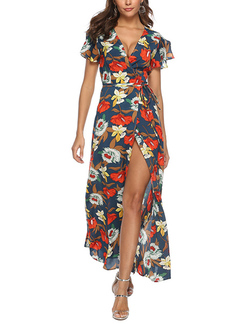 Colorful Slim Plus Size V Neck Full Skirt Chiffon Band Printed Floral Maxi Dress for Casual Party Beach