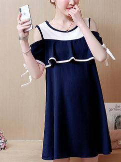 Navy and White Loose Plus Size Round Neck Chiffon Linking Shift Plus Size Dress for Casual Party